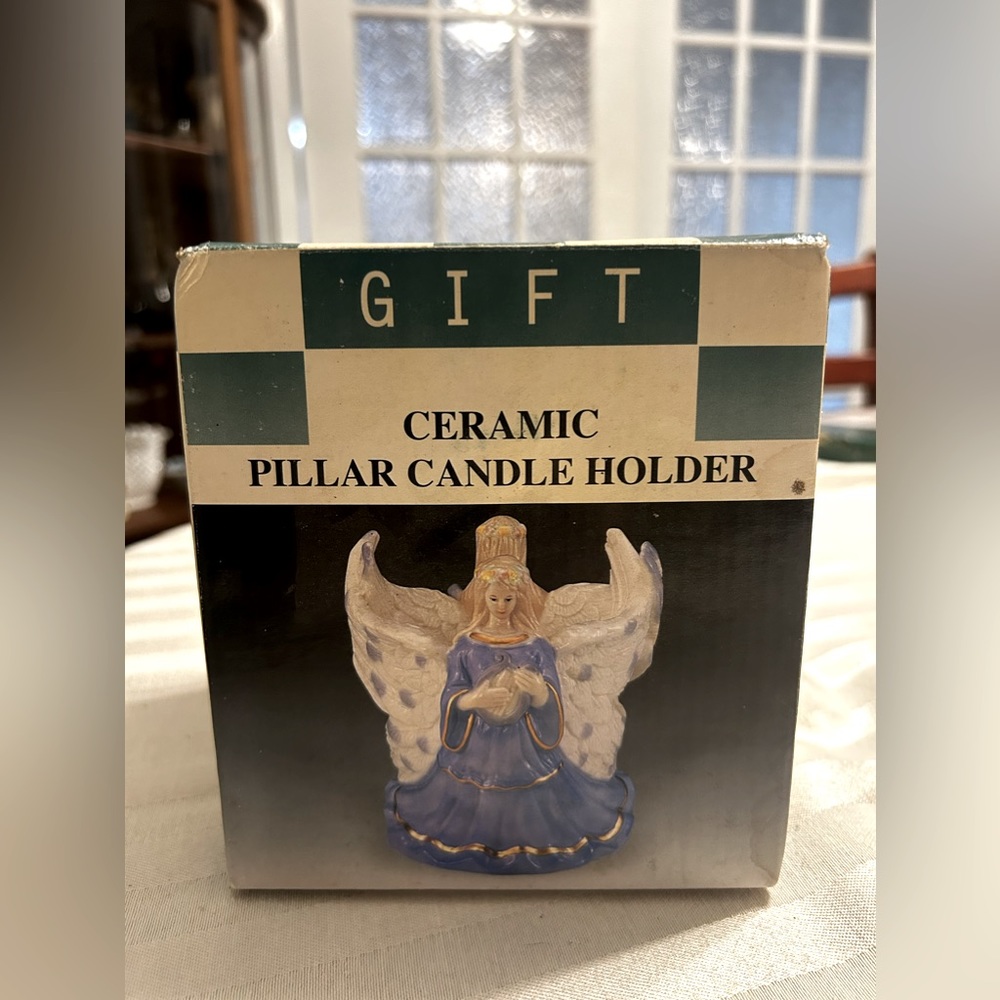 Ceramic Pillar Candle Holder w/ 2 Angels (Original Box) (New) Blue & White Theme